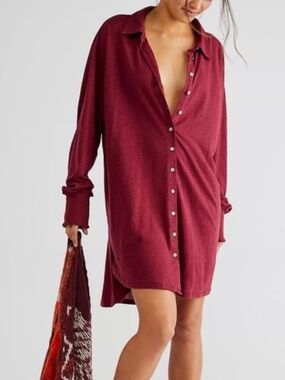 The Free People Beach Promenade Mini Shirt Dress in Promenade Wild Garnet Size S
